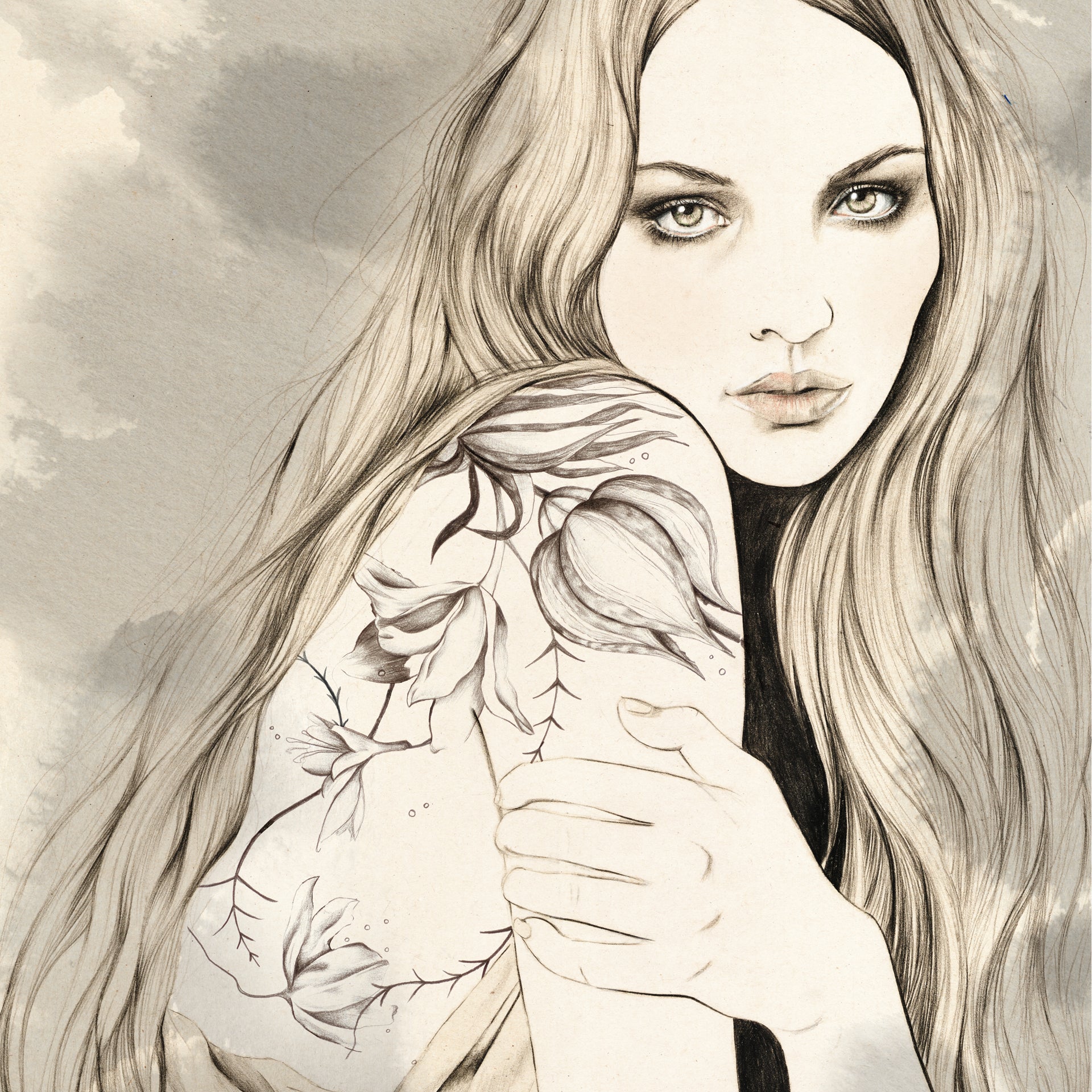 Pencil illustration girl with tattoo sleeve by Melbourne based illustrator Kelly Thompson 